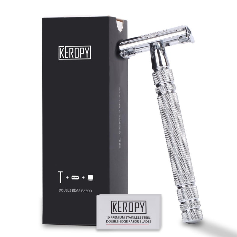 KEROPY Double Edge Safety Razor with 10 Disposable Blades - Reusable Stainless Steel Shaver for Face, Leg, Body - Washable Portable Travel Size - Prevents Skin Irritation & Ingrown Hair - Image 1