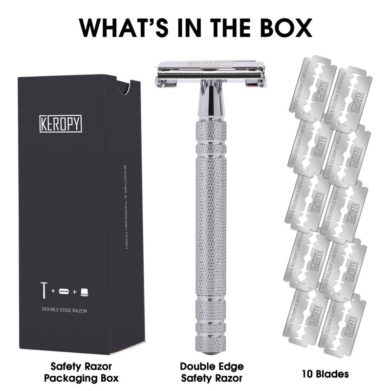 KEROPY Double Edge Safety Razor with 10 Disposable Blades - Reusable Stainless Steel Shaver for Face, Leg, Body - Washable Portable Travel Size - Prevents Skin Irritation & Ingrown Hair - Image 4
