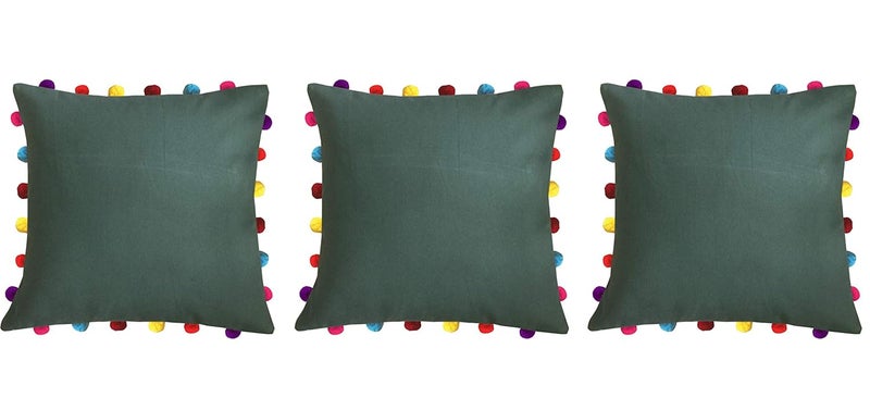 Lushomes Cushion Cover 18x18 Boho Cushion Covers Sofa Pillow Cover Cushion Covers with Tassels Cushion Cover with pom pom 18x18 Inches Set of 3 Olive Green - Image 1