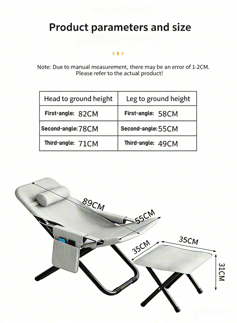 Lounge Chair Foldable Chairs with Footstool, Outdoor Lounge Chair  with Pillows & Armrest, 3-position Adjustable Lounge Chair with Storage Bag Armchair Foldable Chairs for Home, Office, Camping, Balcony, Bedroom - Image 2