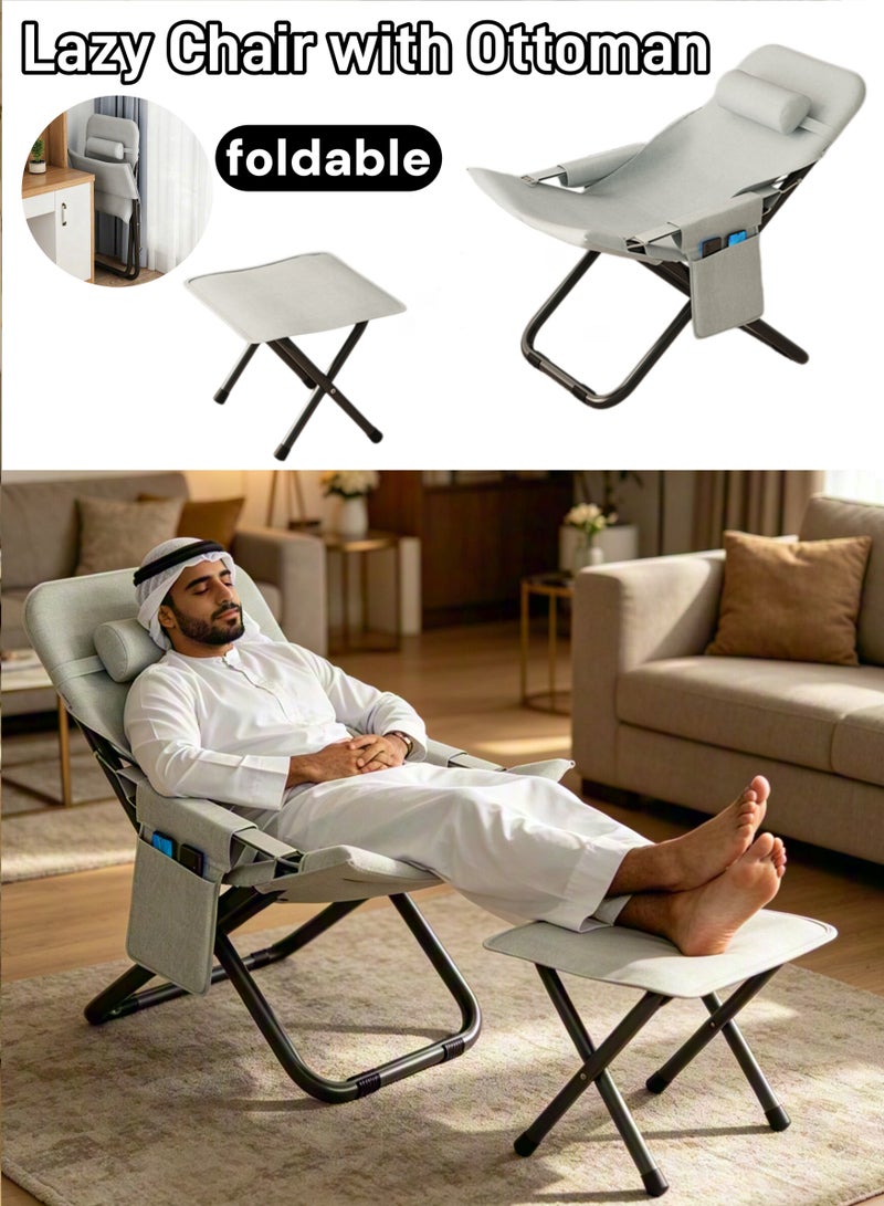 Lounge Chair Foldable Chairs with Footstool, Outdoor Lounge Chair  with Pillows & Armrest, 3-position Adjustable Lounge Chair with Storage Bag Armchair Foldable Chairs for Home, Office, Camping, Balcony, Bedroom - Image 1