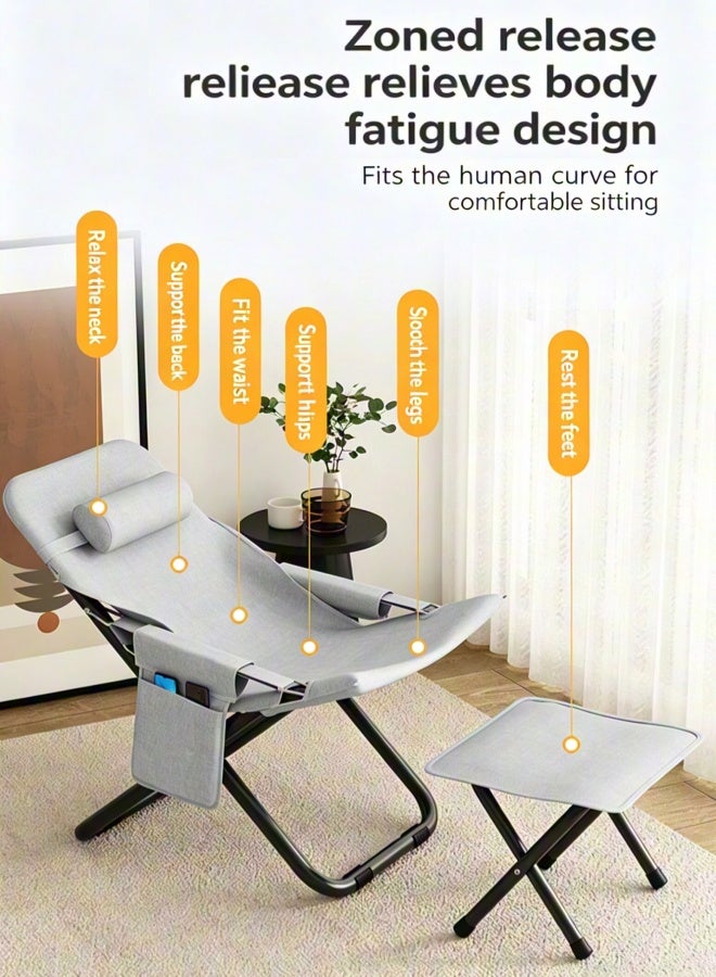 Lounge Chair Foldable Chairs with Footstool, Outdoor Lounge Chair  with Pillows & Armrest, 3-position Adjustable Lounge Chair with Storage Bag Armchair Foldable Chairs for Home, Office, Camping, Balcony, Bedroom - Image 5