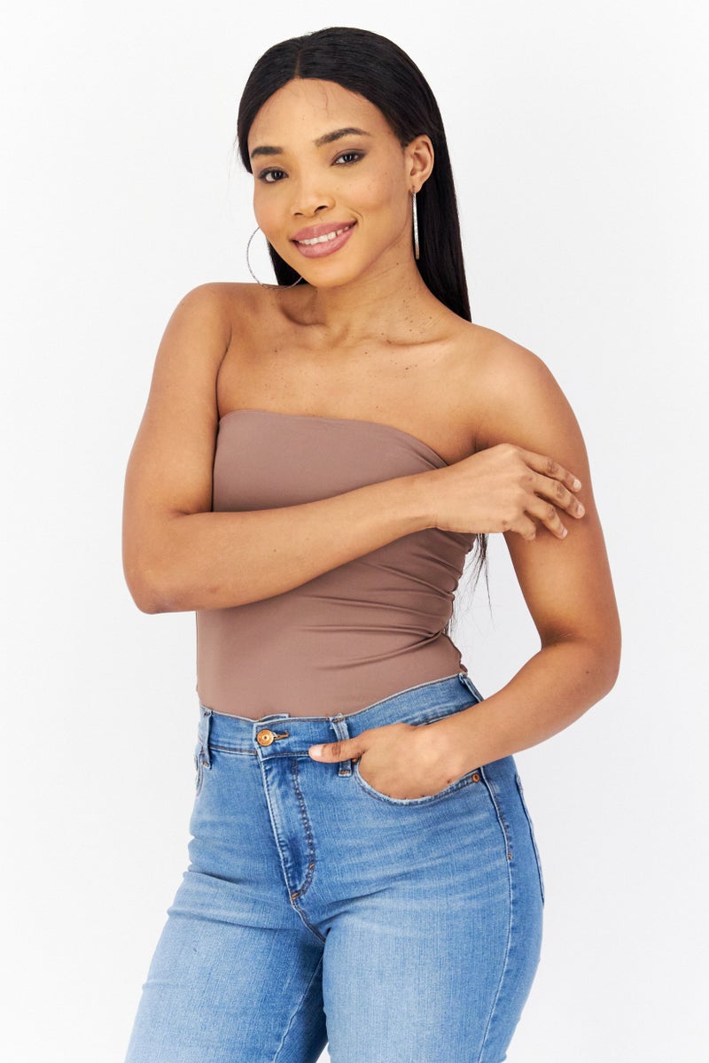 XOXO Women Plain Strapless Bodysuit, Cream Brown - Image 1