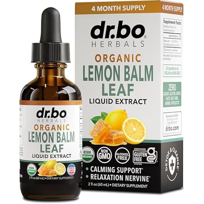 dr.bo Organic Lemon Balm Extract Tincture - Organic Lemon Balm Leaf Liquid Extract Drops Oil Melissa Officinalis, Calm Relaxation Tea Supplements - Vegan Liquid Drops Tincture Supplement, Kids & Adults 2oz - Image 1