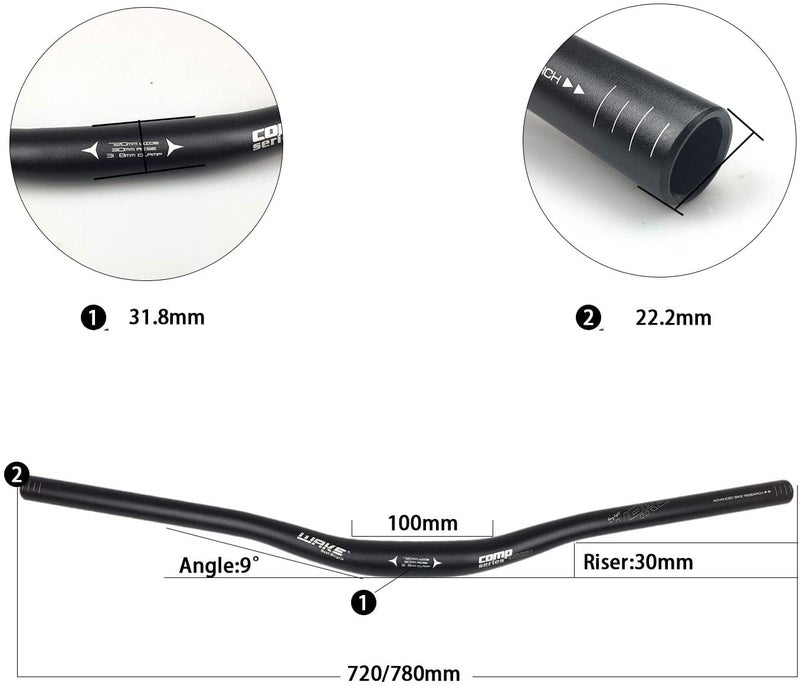 BNVB Wake 31.8mm MTB Mountain Bike Handlebar, Aluminum Alloy Mountain Bike Bicycle Riser Handlebar Extra Long 720/780mm with Paint Matte Surface (Black, 720mm) - Image 2