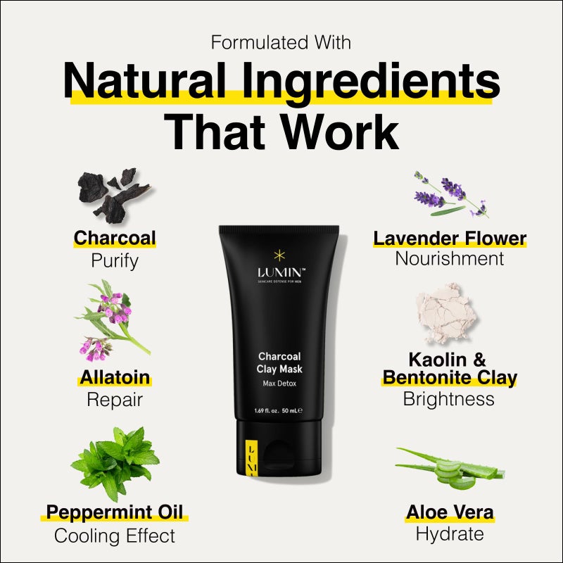 Lumin Charcoal Clay Mask for Men â€“ Kaolin & Bentonite Clay Face Mask, Deep-Cleansing Appearance for Smoother-Looking Skin & Refined Pores, Hydrating Skincare for All Skin Types, 50 mL - Image 2