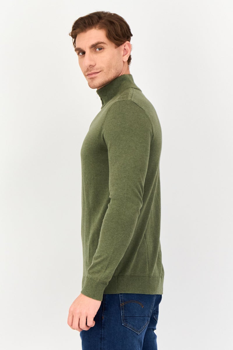 Selected Homme Men Crew Neck Long Sleeve Knitted Half Zip Sweater, Olive - Image 3