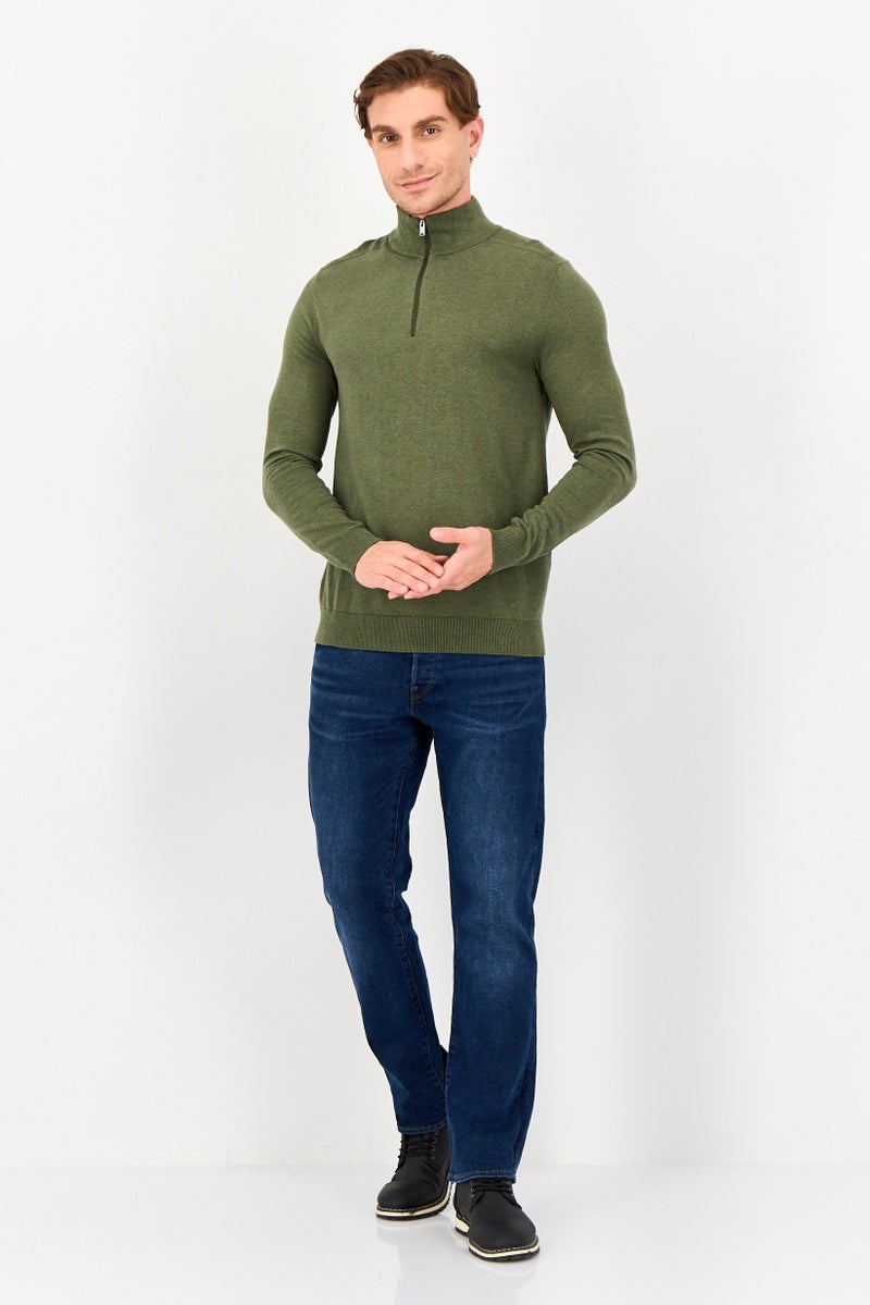 Selected Homme Men Crew Neck Long Sleeve Knitted Half Zip Sweater, Olive - Image 4