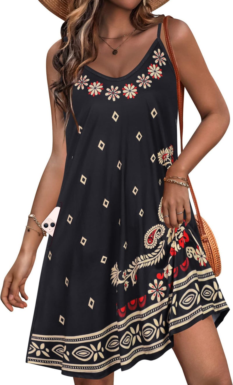 JOELLYUS Women Sundresses Summer Dresses Spaghetti Strap Dress Beach Cover Ups Backless Sundress (Black Boho Floral, L) - Image 1