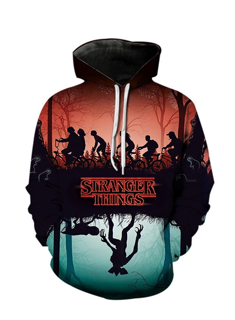 سويت شيرت فضفاض بغطاء رأس وطبعة رقمية ثلاثية الأبعاد من Stranger Things - Image 1