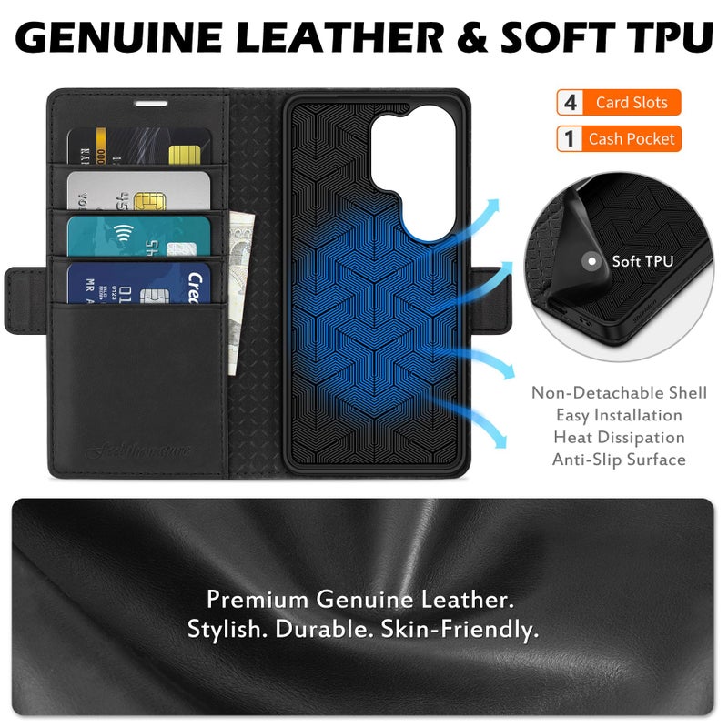 SHIELDON Wallet Case for Galaxy S26 Ultra 6.9", Genuine Leather Folio Design with Kickstand, RFID Blocking Credit Card Holder, Magnetic Protective Cover Compatible with Galaxy S26 Ultra 2026 - Black - Image 3
