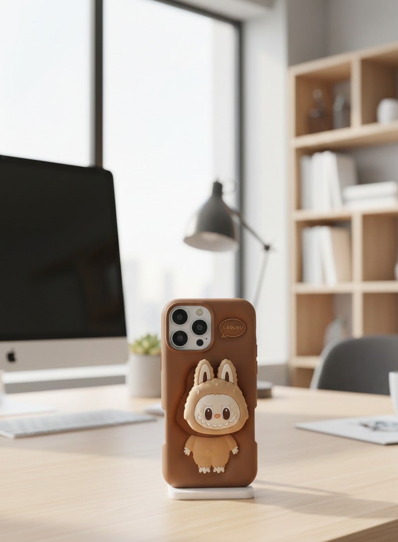 LABUBU 3D Labubu Character Phone Case for iPhone 16 pro max– Cute Brown Monster Protective Cover with Built-in Pop-out Socket Grip For - Image 1