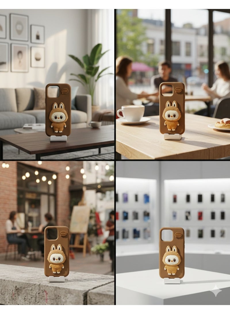 LABUBU 3D Labubu Character Phone Case for iPhone 16 pro max– Cute Brown Monster Protective Cover with Built-in Pop-out Socket Grip For - Image 4