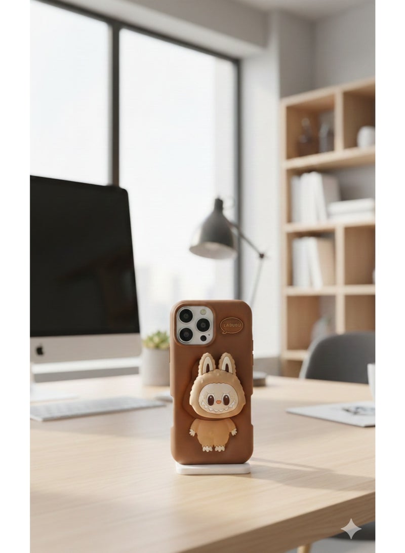 LABUBU 3D Labubu Character Phone Case for iPhone 16 pro max– Cute Brown Monster Protective Cover with Built-in Pop-out Socket Grip For - Image 5