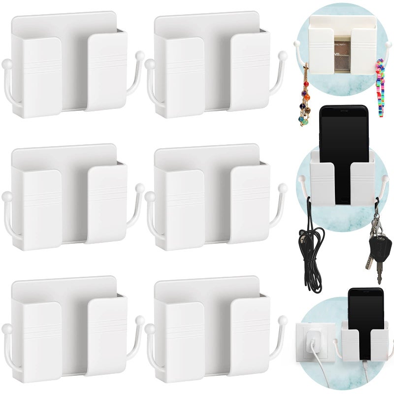 Jetec 6 Pcs Wall Mount Phone Holder Self-Adhesive Wall Beside Organizer Storage Box Plastic Charging Phone Stand Remote Brackets Holder for Bedroom(White) - Image 1