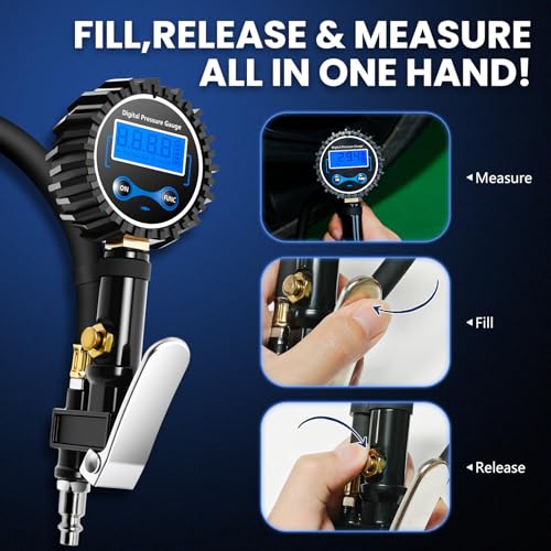 DIKTALK Digital Tire Gauge with Inflator & Deflator - LED Display & 0.1 PSI Resolution - Quick Release Valve & Heavy Duty Chuck - w/Adapter for Car, Truck, SUV, Motorcycle, RV, Balls - Image 2
