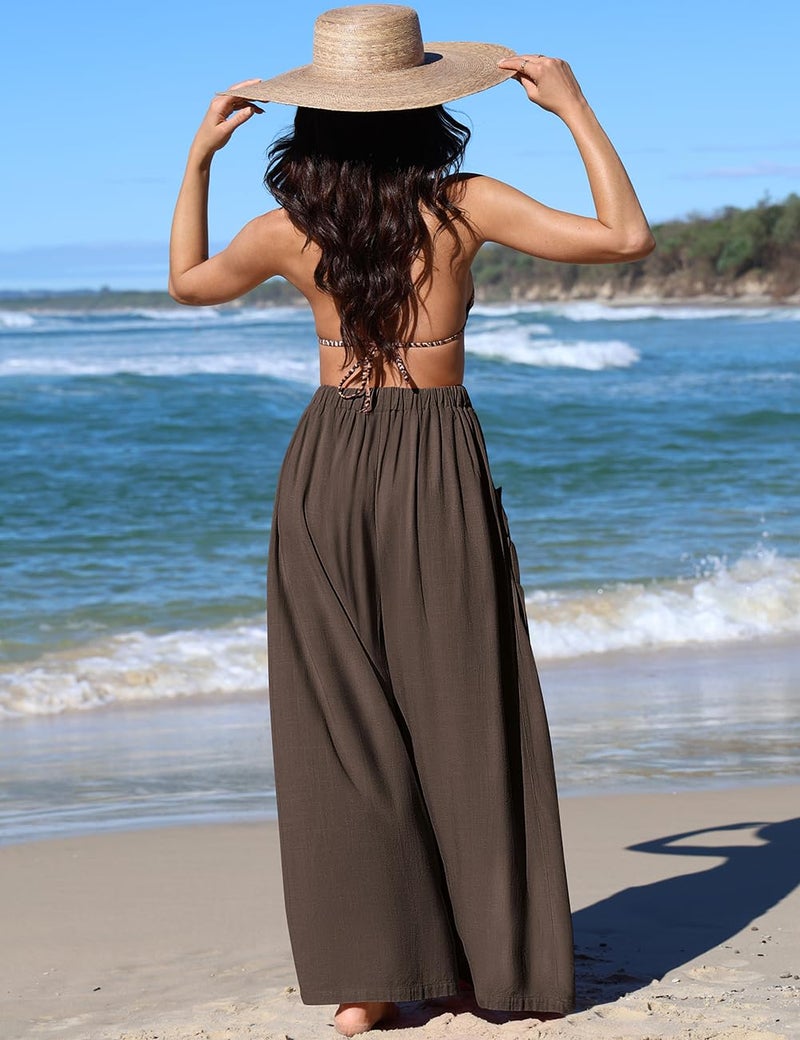 TARSE Women Linen Palazzo Pants Summer Wide Leg Boho Drawstring Casual Lounge Pant Beach Travel Vacation Outfits DarkCoffee, XL - Image 4
