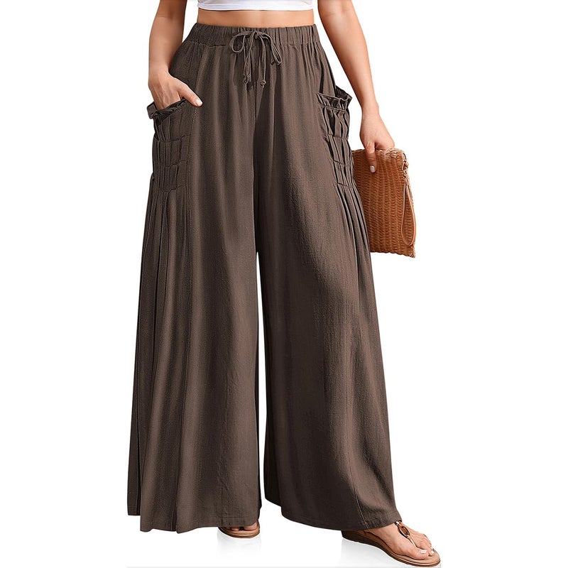TARSE Women Linen Palazzo Pants Summer Wide Leg Boho Drawstring Casual Lounge Pant Beach Travel Vacation Outfits DarkCoffee, XL - Image 1