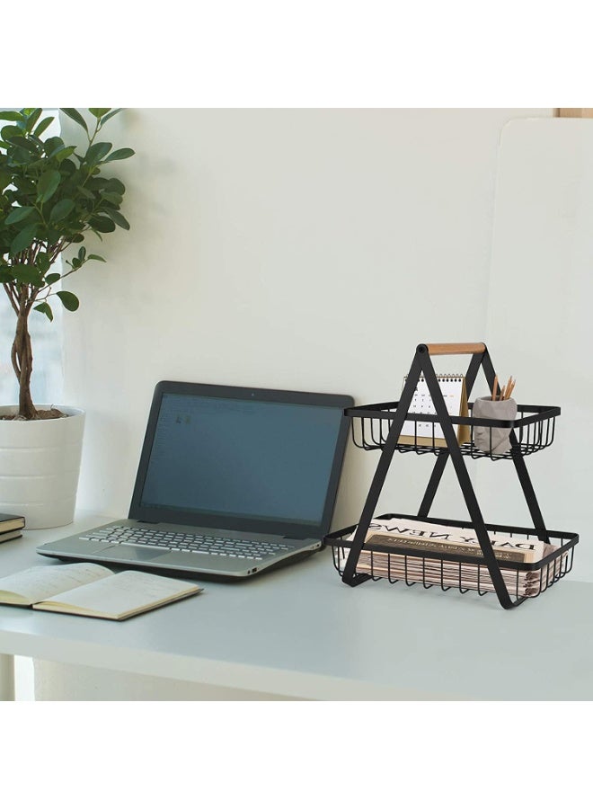 DubaiGallery سلة فواكه معدنية حديثة ذات طبقتين مع مقبض خشبي – رف تخزين قوي للكونتر للفواكه والخضروات والوجبات الخفيفة ومستلزمات المخزن – تصميم سلكي مفتوح لتدفق الهواء والانتعاش – منظم مثالي للمطبخ والطعام والمنزل - Image 5