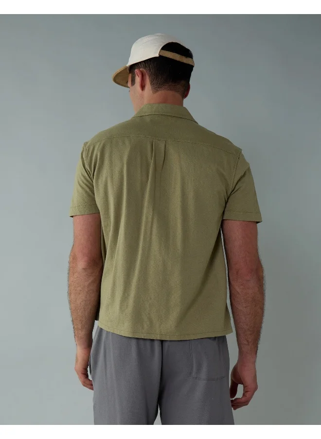 American Eagle AE Jacquard Textured Button-Up Polo Shirt