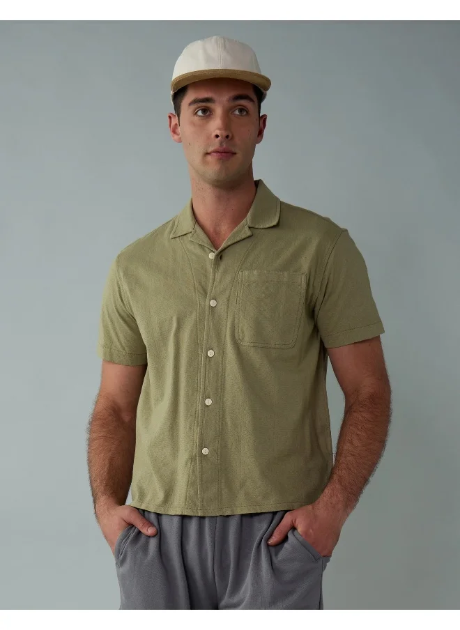 American Eagle AE Jacquard Textured Button-Up Polo Shirt