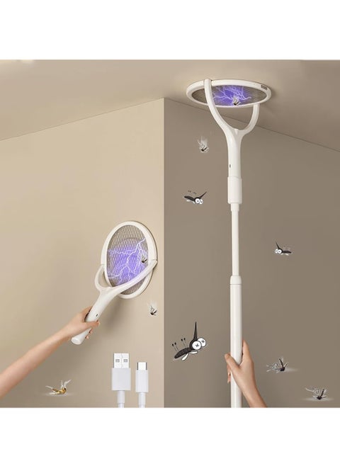 Rotating Head Rechargeable Fly Swatter Electric Fly Swatter Racket Bug Zapper Racket Indoor Bug Zapper Indoor Fly Zapper Repellent Fruit Fly Trap Mosquito Zapper, with a Telescopic Extension