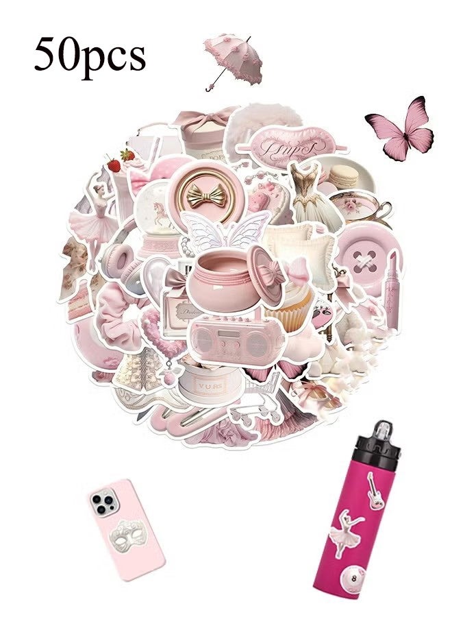 واي جيه 50 قطعة ملصقات باليه للفتيات باللون الوردي، ملصق جرافيتي وردي جمالي للأطفال والمراهقين، ملصقات لطيفة باللون الوردي لأجهزة الكمبيوتر المحمولة وزجاجات المياه والدفاتر والحقائب والهواتف - Image 1