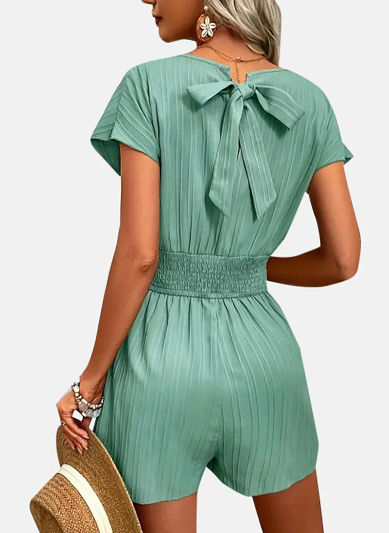 يونيكي Green Solid Relaxed Fit Plunge Neck Jumpsuit
