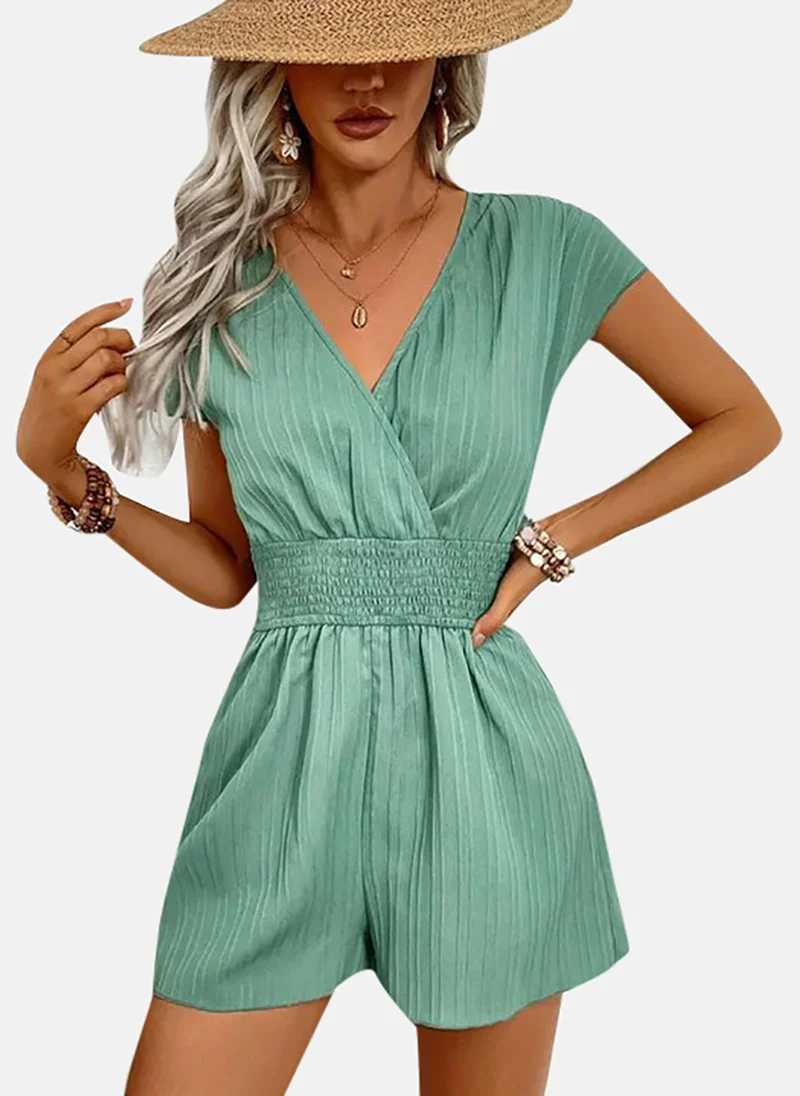 يونيكي Green Solid Relaxed Fit Plunge Neck Jumpsuit