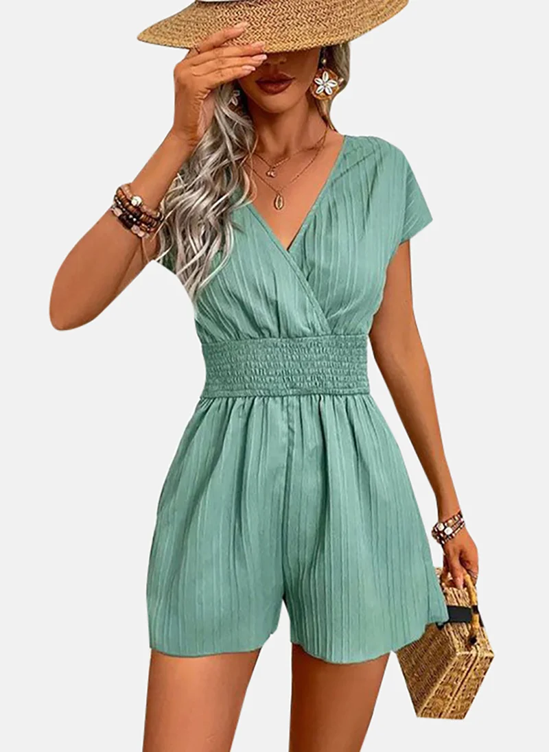 يونيكي Green Solid Relaxed Fit Plunge Neck Jumpsuit