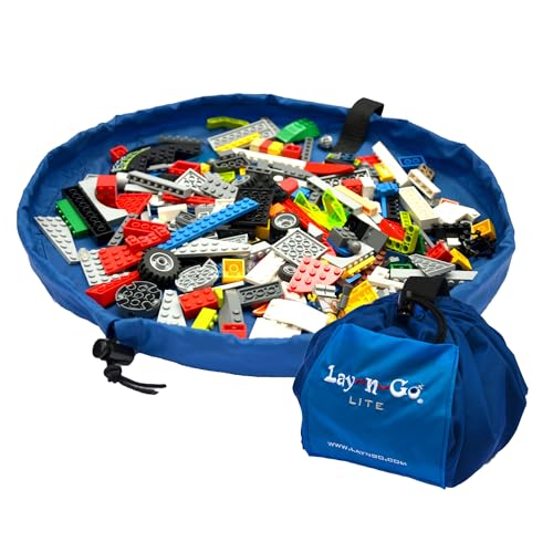 Lay-n-Go LaynGo 4in1 Drawstring Toy Storage Organizer Mat Durable Machine Washable Drawstring Bag for Lego Other Toys EasytoClean Pull String Bag wRaised Lip Pocket 18 BlueBlue - Image 1