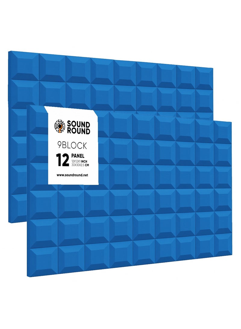 ساوند راوند ألواح الفوم الصوتي SoundRound مقاس 12×12×1 بوصة – عزل صوت احترافي بتصميم 9Block – للتحكم في الصدى ومعالجة السينما المنزلية – ألواح عالية الكثافة – 12 قطعة - لون ازرق - Image 1