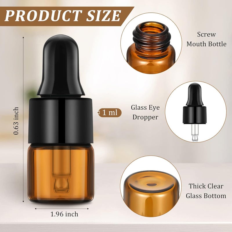 Nuogo 100 Pcs Mini Amber Glass Oil Dropper Bottle Bulk, Clear Essential Small Empty Sample Vial with Dropper and Black Caps Tiny Amber Glass Bottles Perfume Jars for Travel(1 ml) - Image 2