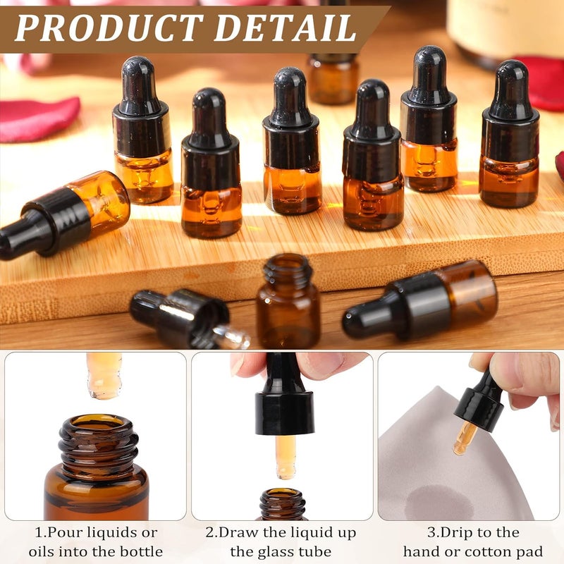 Nuogo 100 Pcs Mini Amber Glass Oil Dropper Bottle Bulk, Clear Essential Small Empty Sample Vial with Dropper and Black Caps Tiny Amber Glass Bottles Perfume Jars for Travel(1 ml) - Image 3