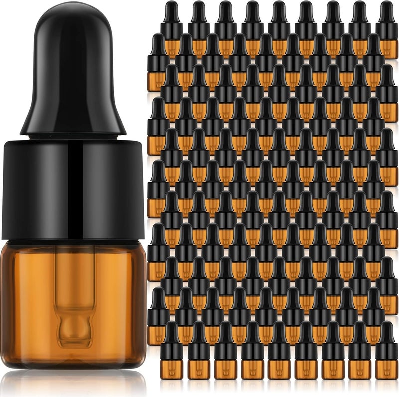 Nuogo 100 Pcs Mini Amber Glass Oil Dropper Bottle Bulk, Clear Essential Small Empty Sample Vial with Dropper and Black Caps Tiny Amber Glass Bottles Perfume Jars for Travel(1 ml) - Image 1