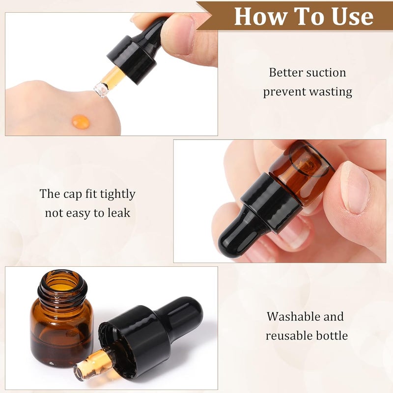 Nuogo 100 Pcs Mini Amber Glass Oil Dropper Bottle Bulk, Clear Essential Small Empty Sample Vial with Dropper and Black Caps Tiny Amber Glass Bottles Perfume Jars for Travel(1 ml) - Image 4