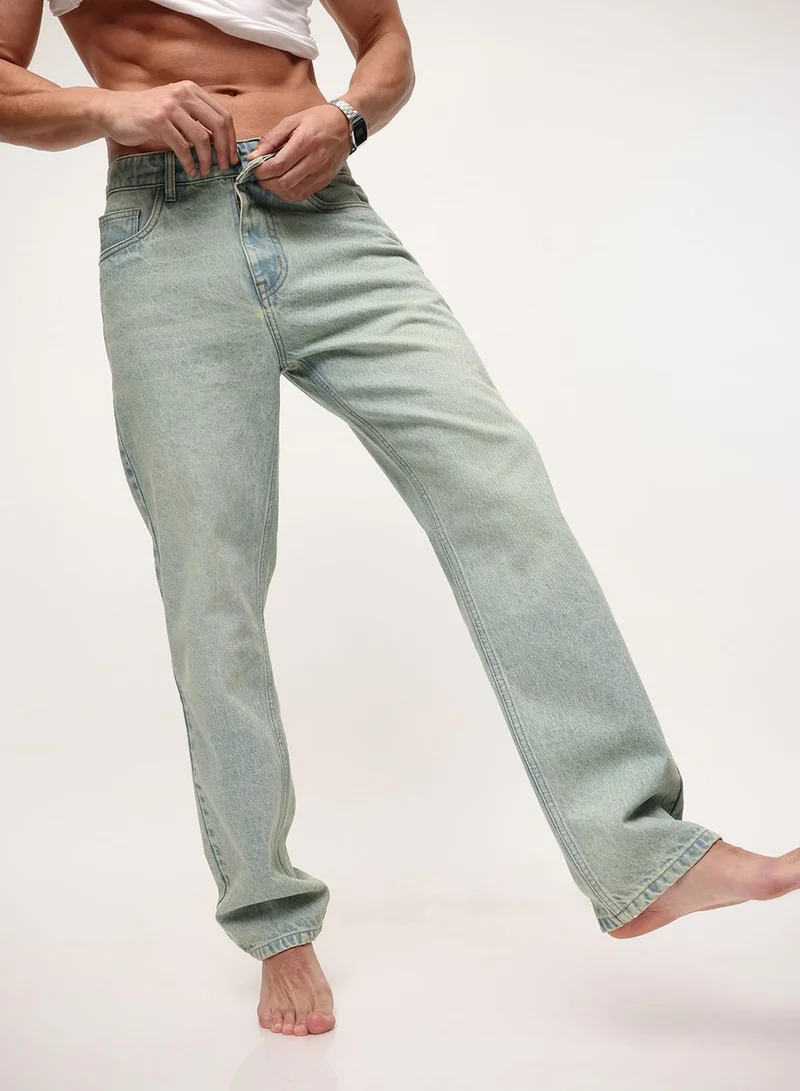Blue 100% Cotton Washed Pattern Straight Fit Denim Jeans For Men