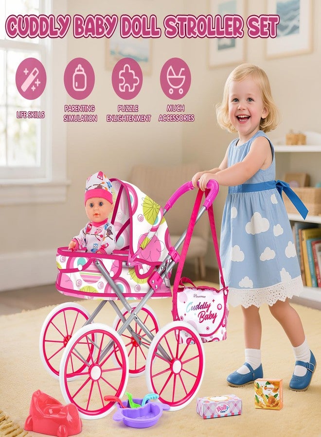 Dreamon Baby Doll Stroller Toy Set with 12.5'' Doll, Diaper Changing, 2 Doll Clothes, Pacifier, Storage Bag, Baby Doll Accessories and Toy Baby Stroller for Girls Toddlers 3-5 4-6 5-7 Gifts for Pretend Play - Image 2