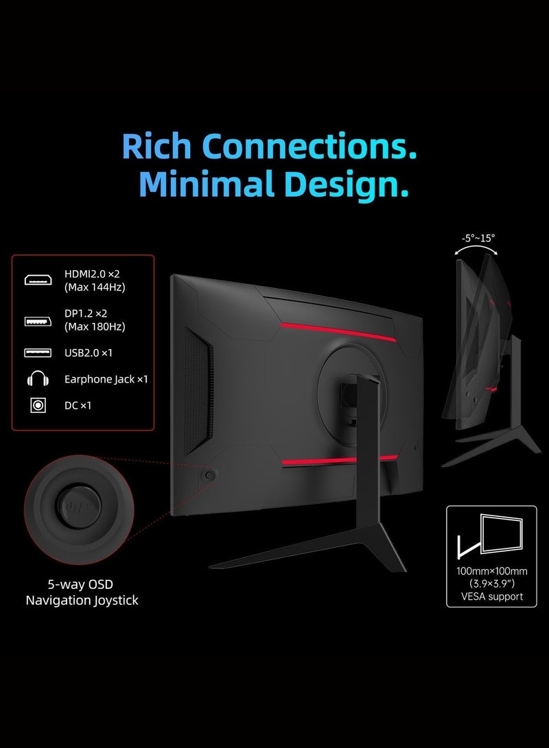 KTC 27 inch 180Hz Curved WQHD Gaming Monitor, 2K(2560x1440P),144Hz Monitor, 1500R HVA Display, FreeSync Premium, HDR, 120% sRGB, DisplayPort/HDMI/USB Vesa,Computer Monitor for Gamers - Image 3