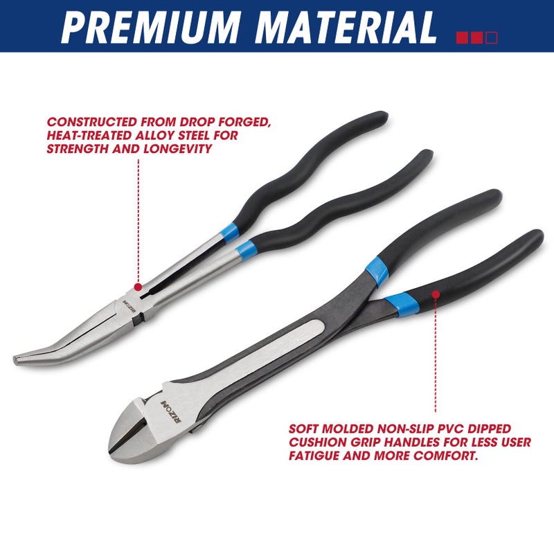RIZOM 5-Piece 11 Inch Long Needle Nose Pliers Set, Extra Long Reach Pliers Set, 45Â°&90Â° Bent Needle Nose Pliers, Circle Nose and Diagonal Pliers for Narrow Spaces and Limited Areas - Image 2