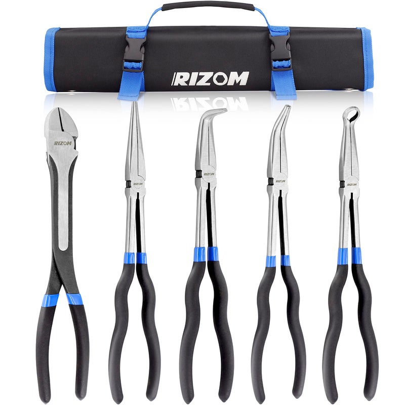 RIZOM 5-Piece 11 Inch Long Needle Nose Pliers Set, Extra Long Reach Pliers Set, 45Â°&90Â° Bent Needle Nose Pliers, Circle Nose and Diagonal Pliers for Narrow Spaces and Limited Areas - Image 1