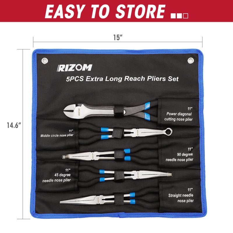 RIZOM 5-Piece 11 Inch Long Needle Nose Pliers Set, Extra Long Reach Pliers Set, 45Â°&90Â° Bent Needle Nose Pliers, Circle Nose and Diagonal Pliers for Narrow Spaces and Limited Areas - Image 3