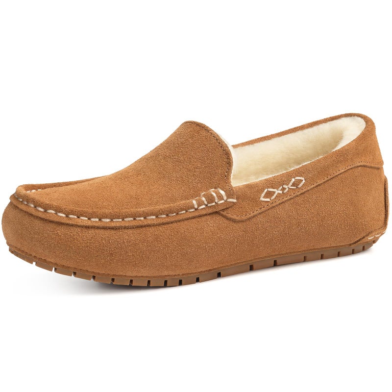 KIDMI Women's Genuine Suede Moccasin Slippers Fluffy Cozy House Shoes with Soft Sole Indoor/Outdoor, Chestnut 39 - Image 1