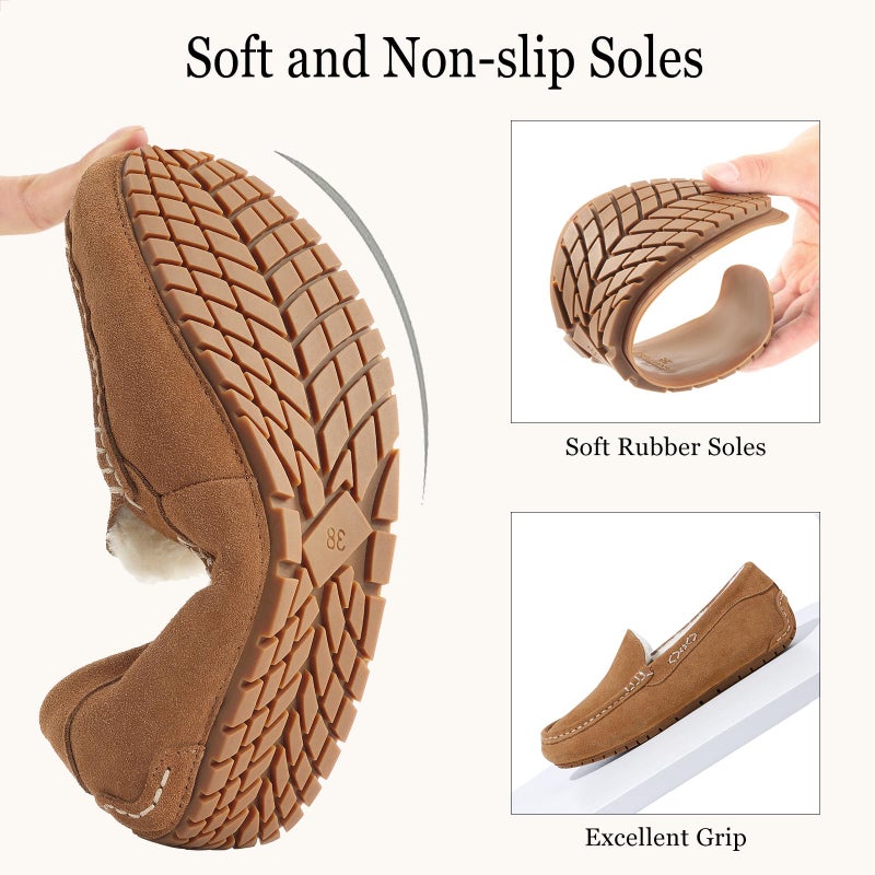 KIDMI Women's Genuine Suede Moccasin Slippers Fluffy Cozy House Shoes with Soft Sole Indoor/Outdoor, Chestnut 39 - Image 5