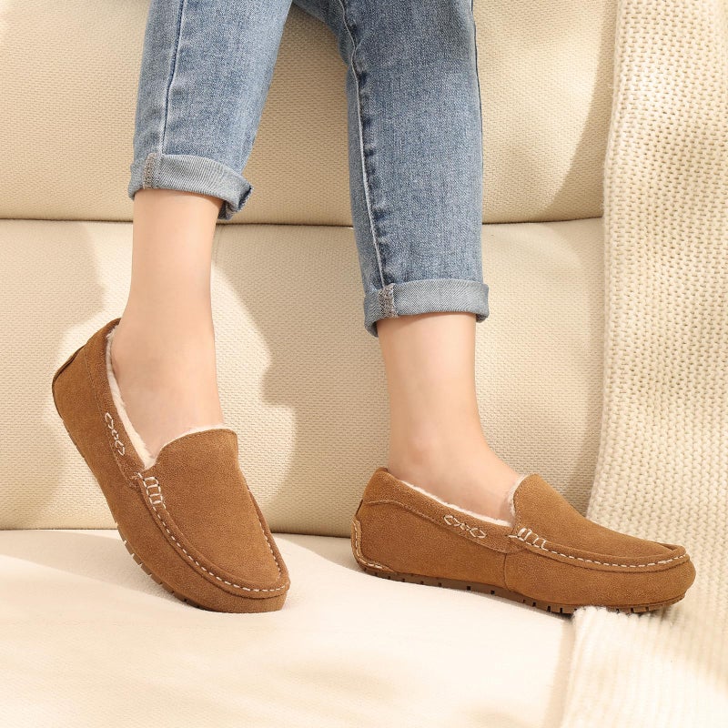 KIDMI Women's Genuine Suede Moccasin Slippers Fluffy Cozy House Shoes with Soft Sole Indoor/Outdoor, Chestnut 39 - Image 2