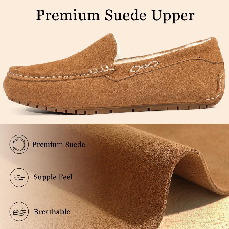 KIDMI Women's Genuine Suede Moccasin Slippers Fluffy Cozy House Shoes with Soft Sole Indoor/Outdoor, Chestnut 39 - Image 3