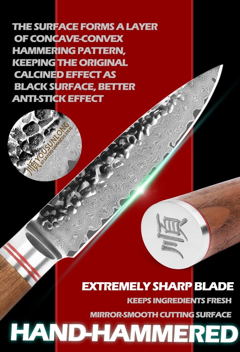 YOUSUNLONG Paring Knives 90mm - Japanese Hammered Damascus Steel Peeling Knife - Natural Walnut Wooden Handle - Fruit Knife Seiko knife - Image 4