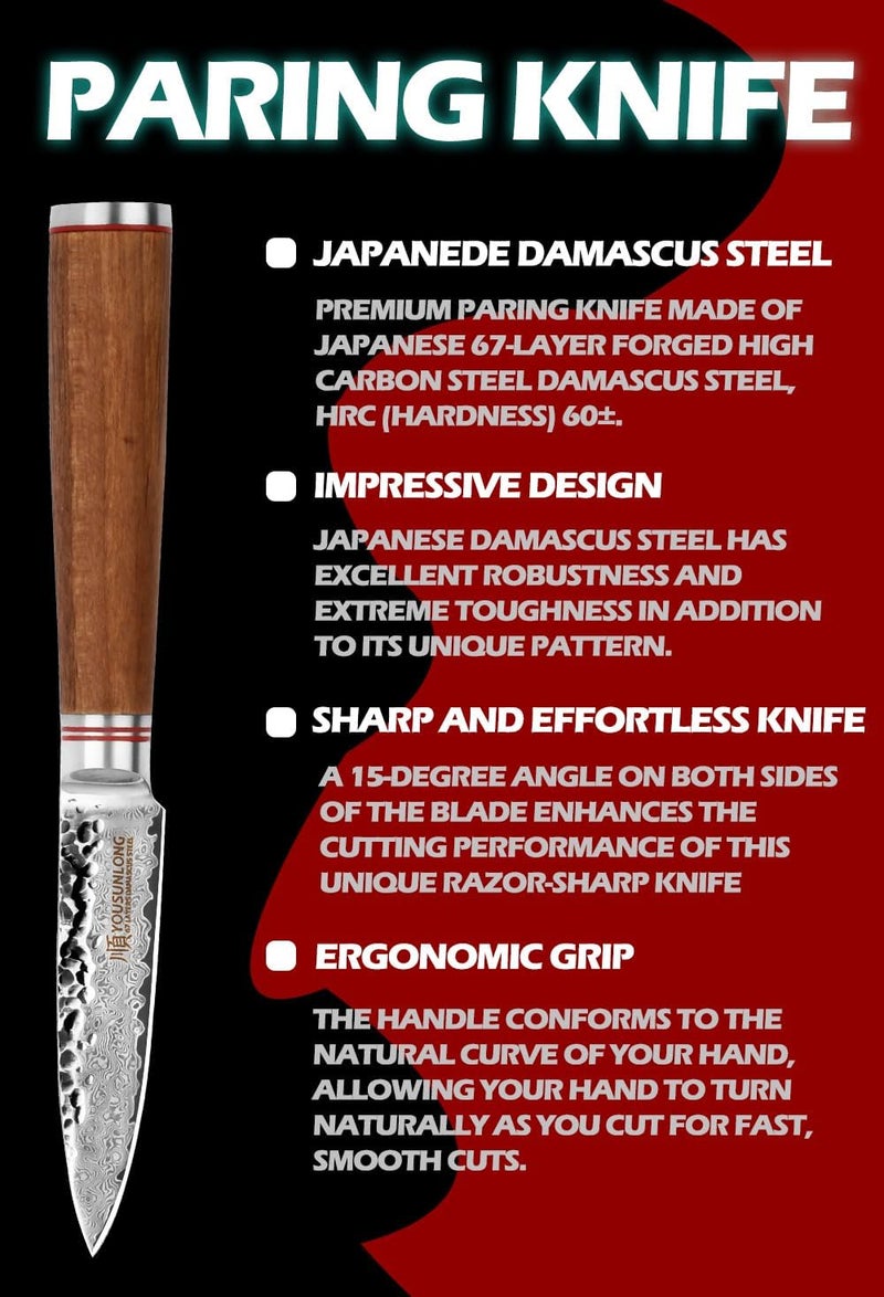 YOUSUNLONG Paring Knives 90mm - Japanese Hammered Damascus Steel Peeling Knife - Natural Walnut Wooden Handle - Fruit Knife Seiko knife - Image 2