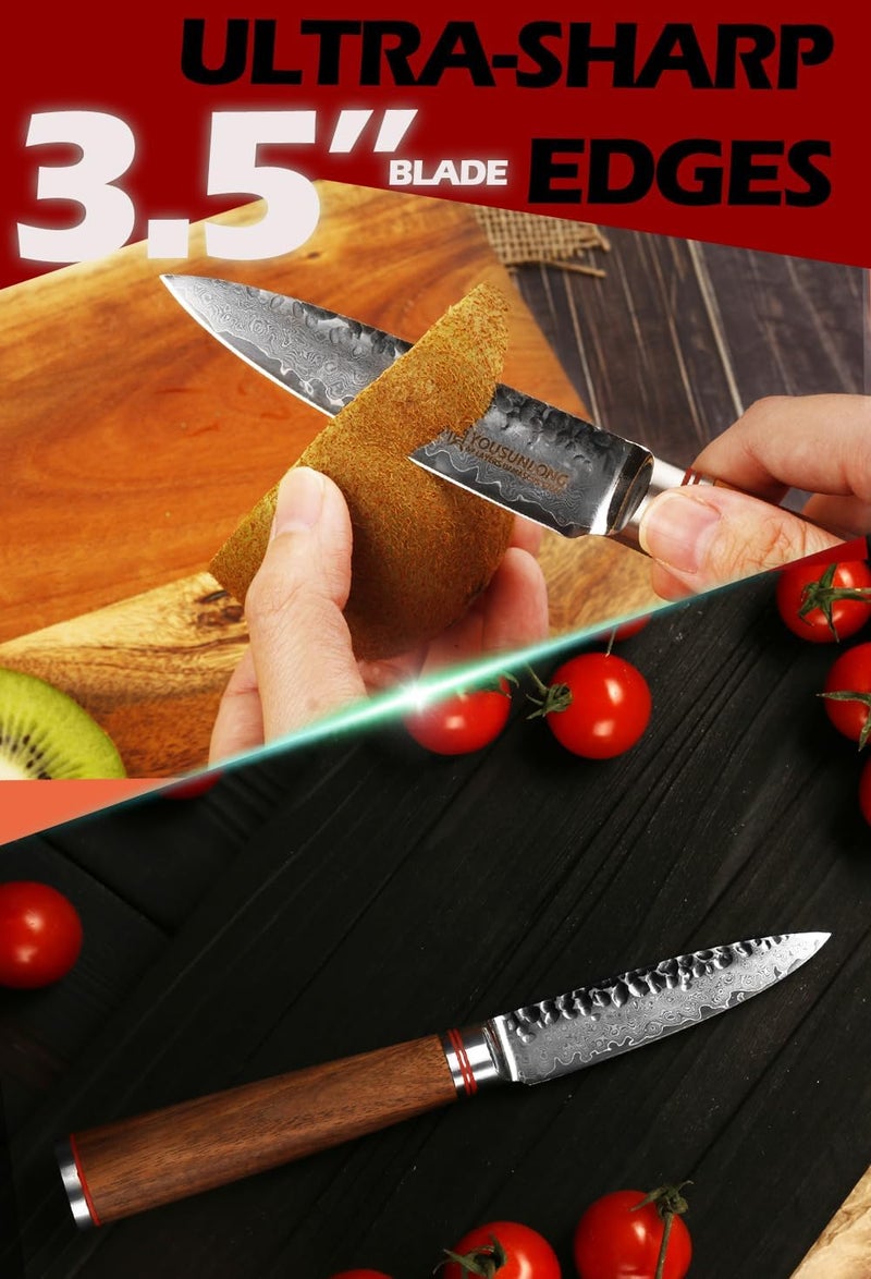 YOUSUNLONG Paring Knives 90mm - Japanese Hammered Damascus Steel Peeling Knife - Natural Walnut Wooden Handle - Fruit Knife Seiko knife - Image 3