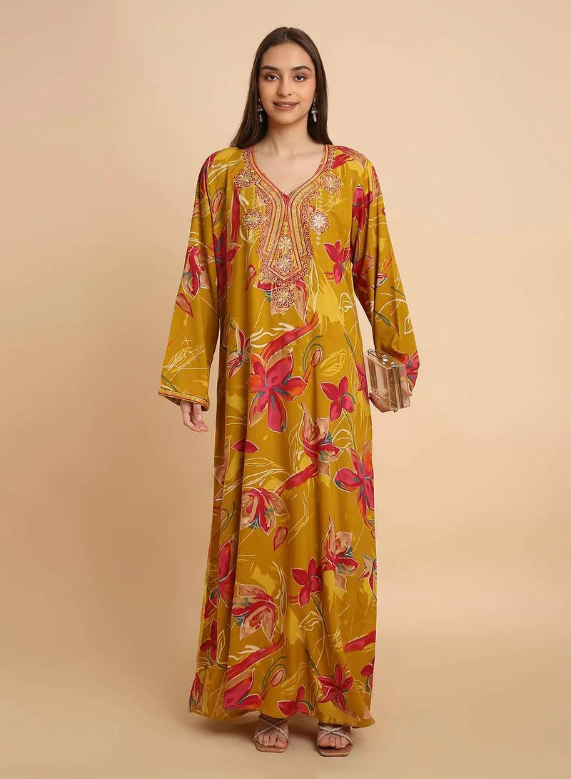 HANA & SARA Womens Printed Arabic Jalabiya Dress with Flowing Full Length Fit